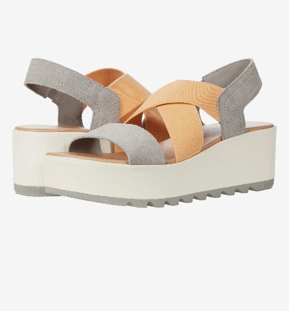 Sorel Grey Tan Orange Criss Cross Cameron Flatform Slingback Sandals Size 8 NWT